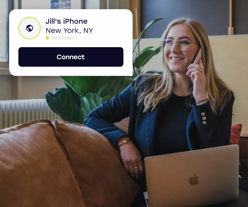 Device connect screen overlay on top of a woman talking on the phone