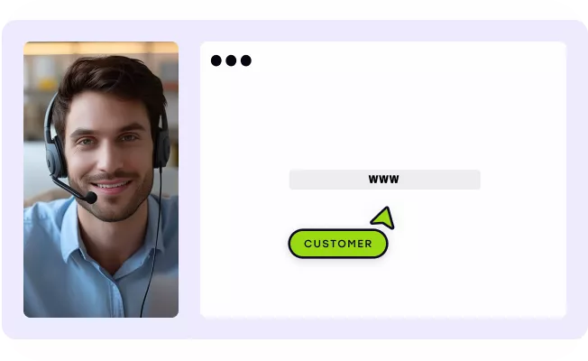 An agent to the left presenting their screen to a customer