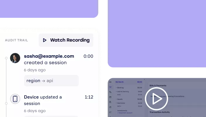A session audit trail with a list of actions